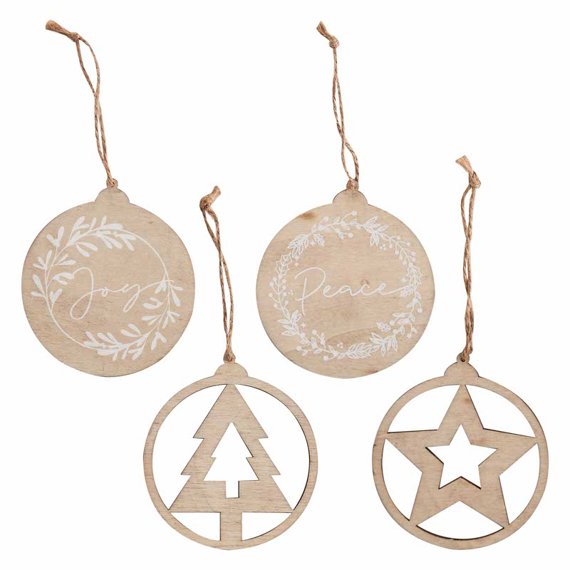 Wooden Tree Decorations Set - 9cm (4pk)