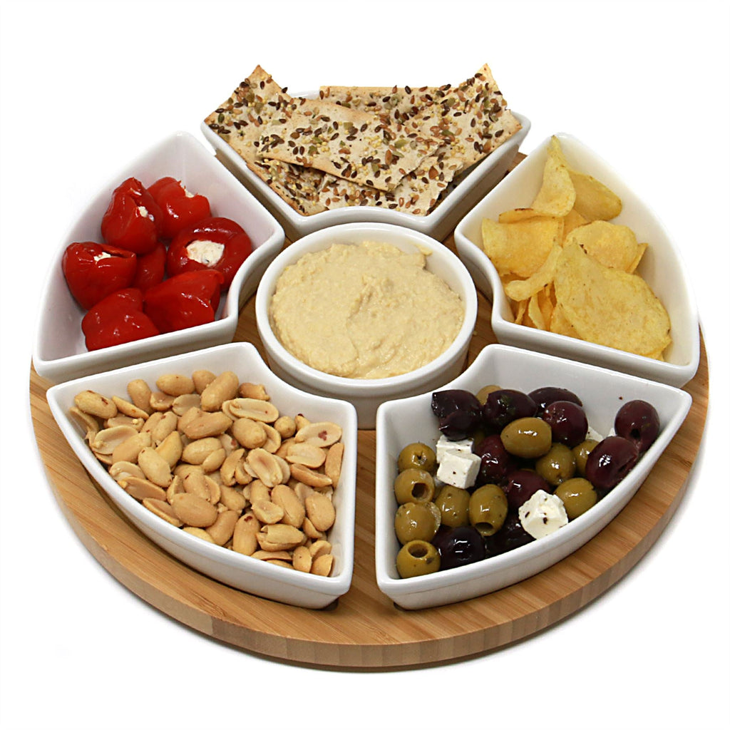 Lazy Susan Bamboo Rotating Dip Set & Ceramic Dishes | M&W